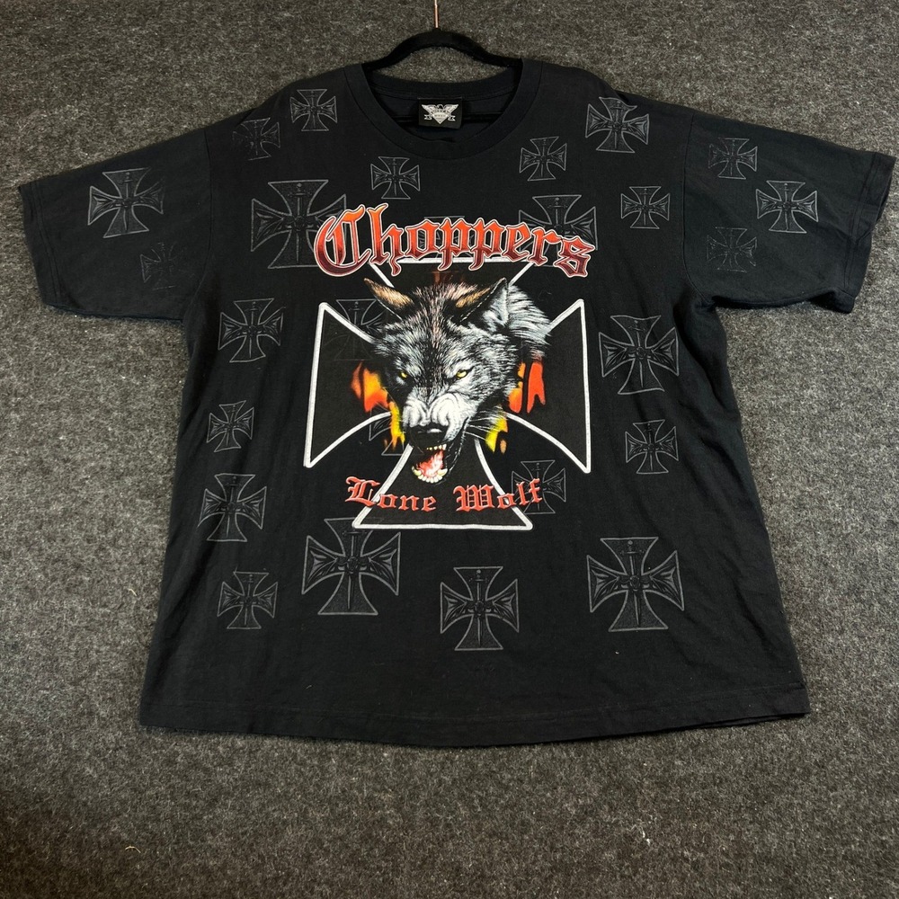 Vintage American Biker Choppers Lone Wolf Milwaukee T-Shirt Black 2XL Y2K Eagle